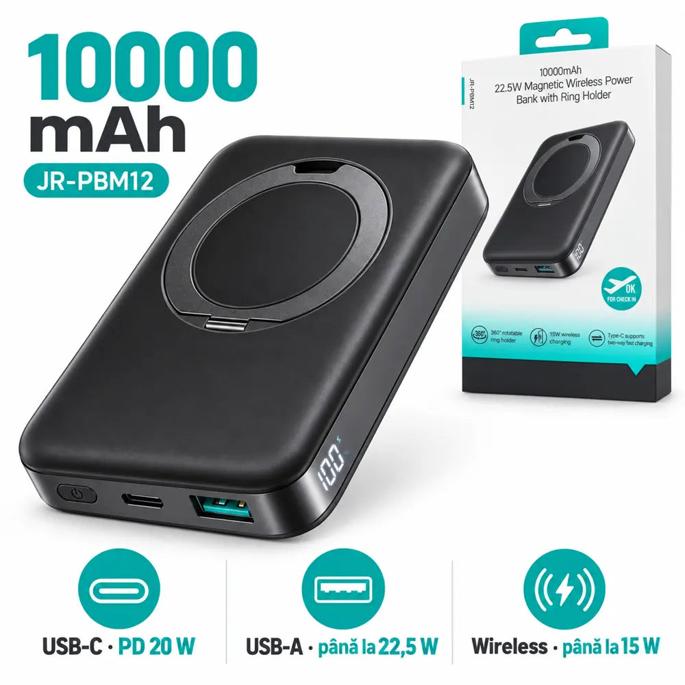 Porturi USB-C PD 20 W și USB-A 22,5 W, produs și ambalaj