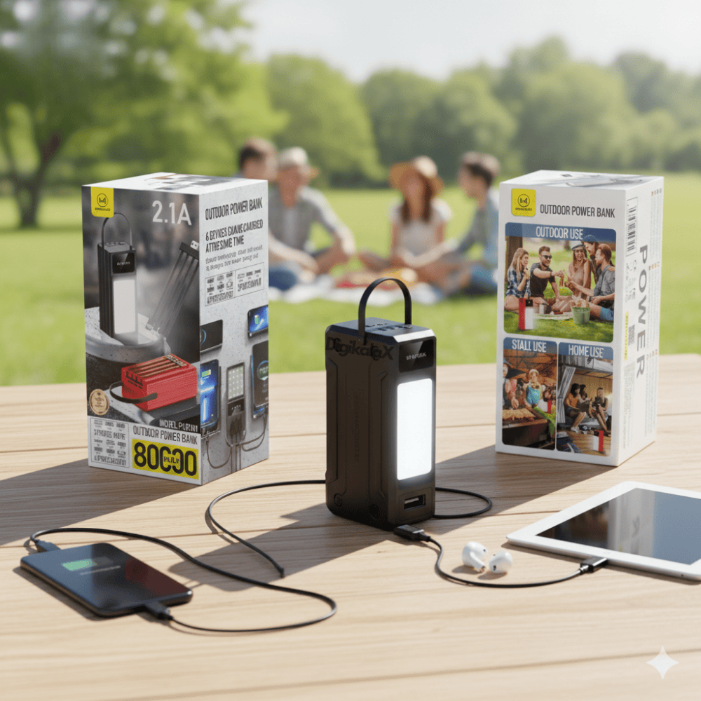 Baterie Externă PowerBank – 80.000mAh, 2.1A, 6 Porturi Ieșire, Lanternă 24 LED, Display Digital