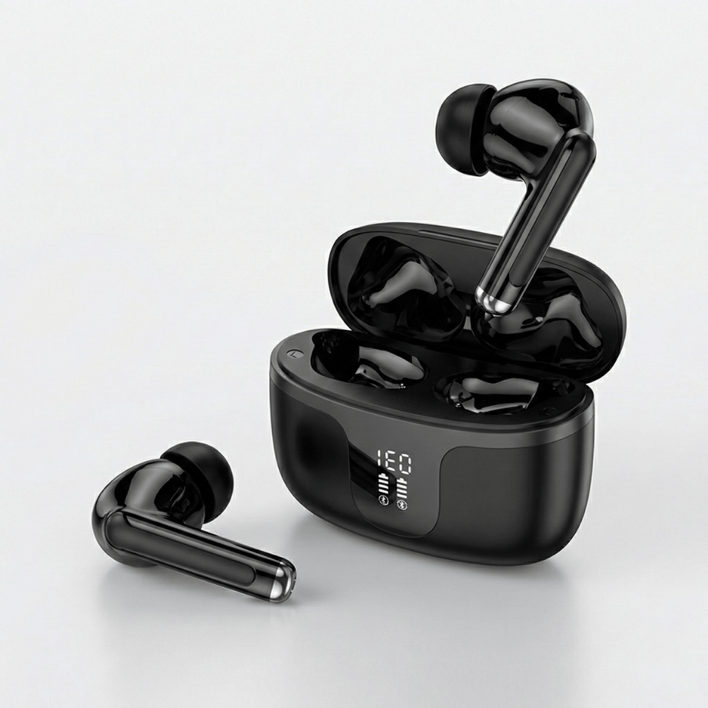 Casti Audio Wireless In-Ear, Bluetooth 5.3, Model Harmony, Carcasa 300mAh cu Afisaj Digital LED, Autonomie 180h Standby, Design Ergonomic, Negru