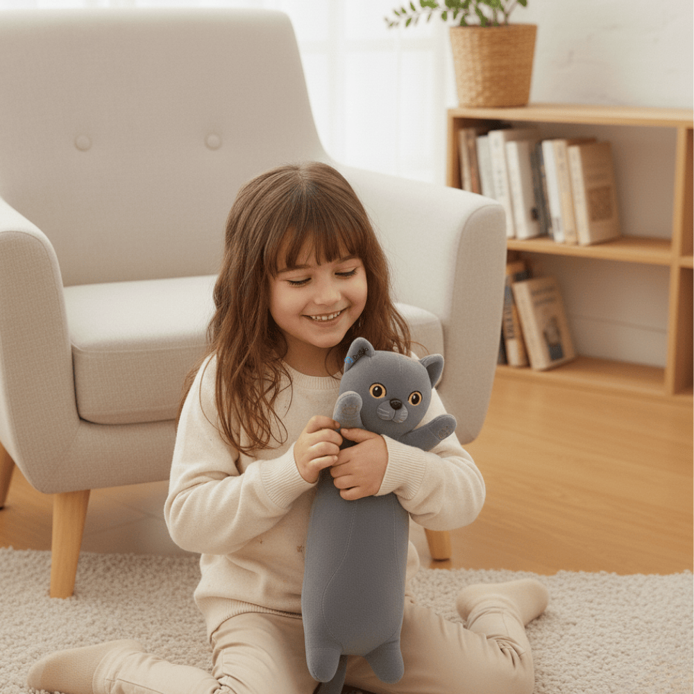 Jucărie de Plus Pisică Lungă, Tip Pernă, 48 cm, Gri Premium – Moale, Pufoasă și Confortabilă