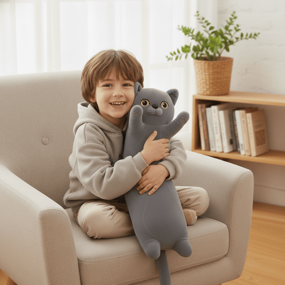 Jucărie de Plus Pisică Lungă, Tip Pernă, 48 cm, Gri Premium – Moale, Pufoasă și Confortabilă