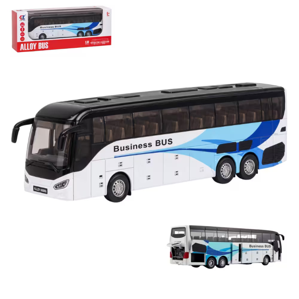 Autobuz Turistic de Jucărie din Metal 1:30, 26 cm, Lumini și Sunete, Uși și Portbagaj cu Deschidere, Alb/Albastru