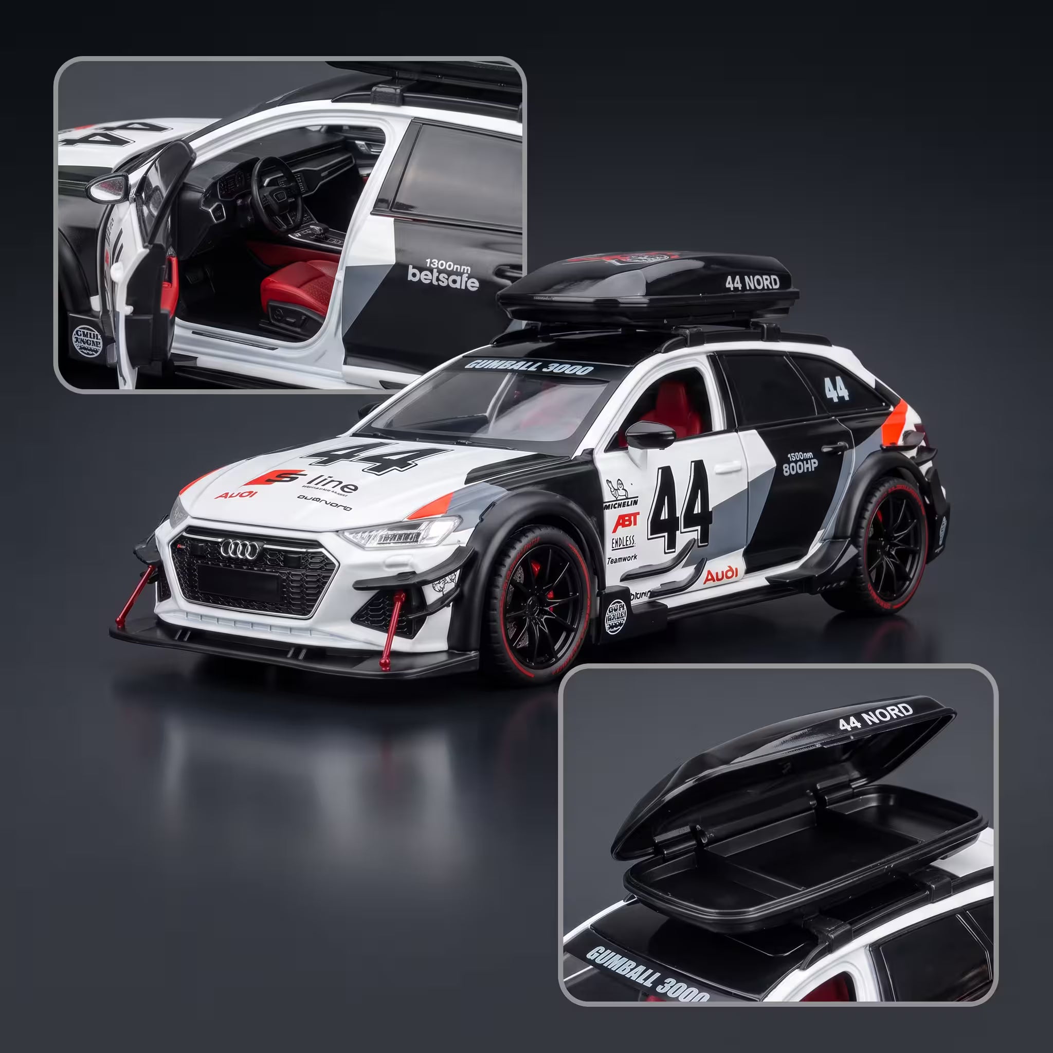 Masina Metalica Audi RS6, Scara 1:24, Usi si Portbagaj Mobile, Lumini, Sunete, Cadou Baiat, Alb/Gri/Negru
