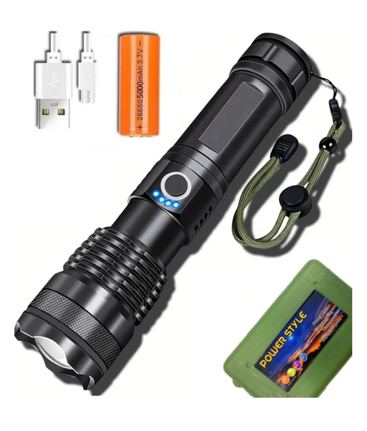 Lanterna reincarcabila, LED, 7 moduri, Negru, cutie Army