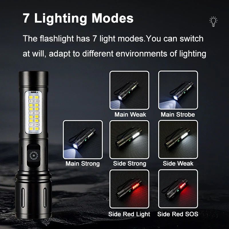 Lanterna reincarcabila, LED, 7 moduri, Negru, cutie Army