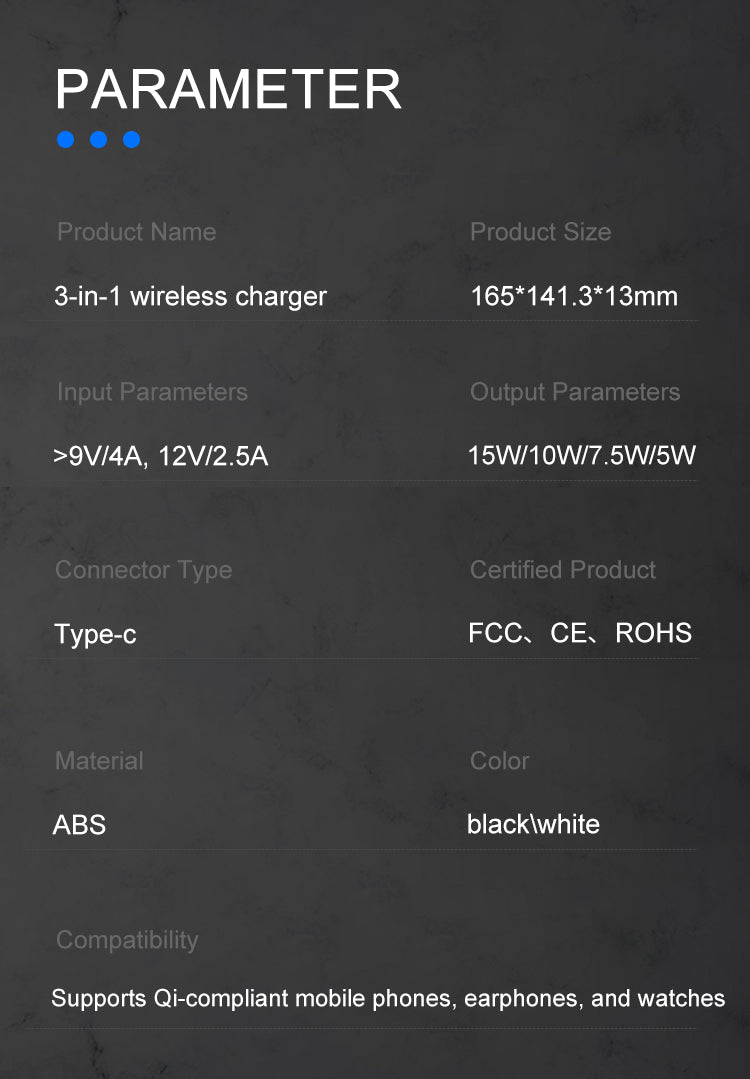 Incarcator Wireless 3 In 1 Qi Fast Charger 15W, Negru