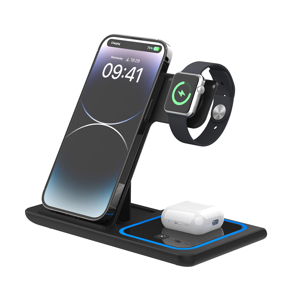 Incarcator Wireless 3 In 1 Qi Fast Charger 15W, Negru