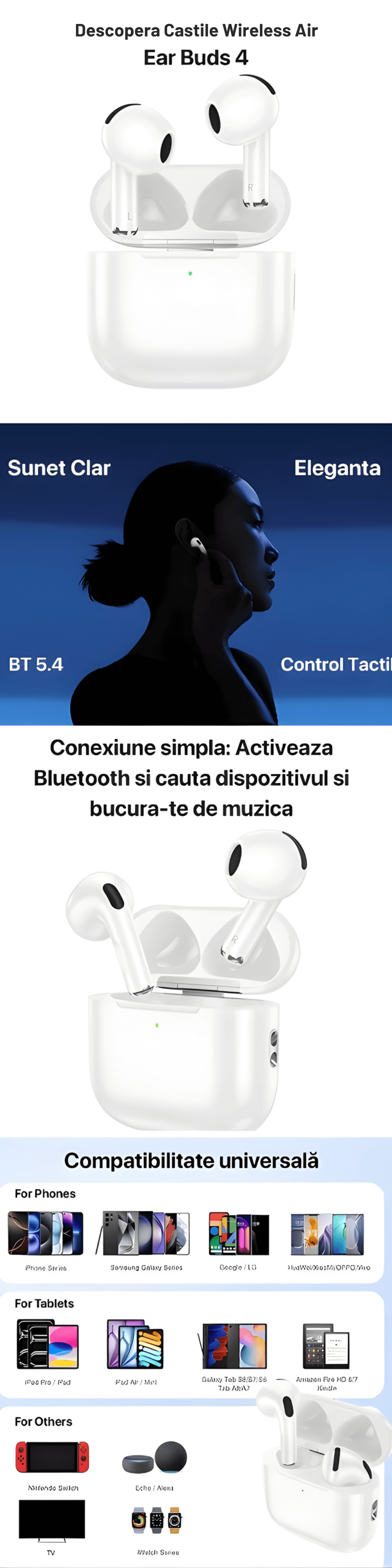Casti Wireless Bluetooth Hoco EW78, BT 5.4, Functii Siri, Microfon, Compatibilitate Universala, Alb