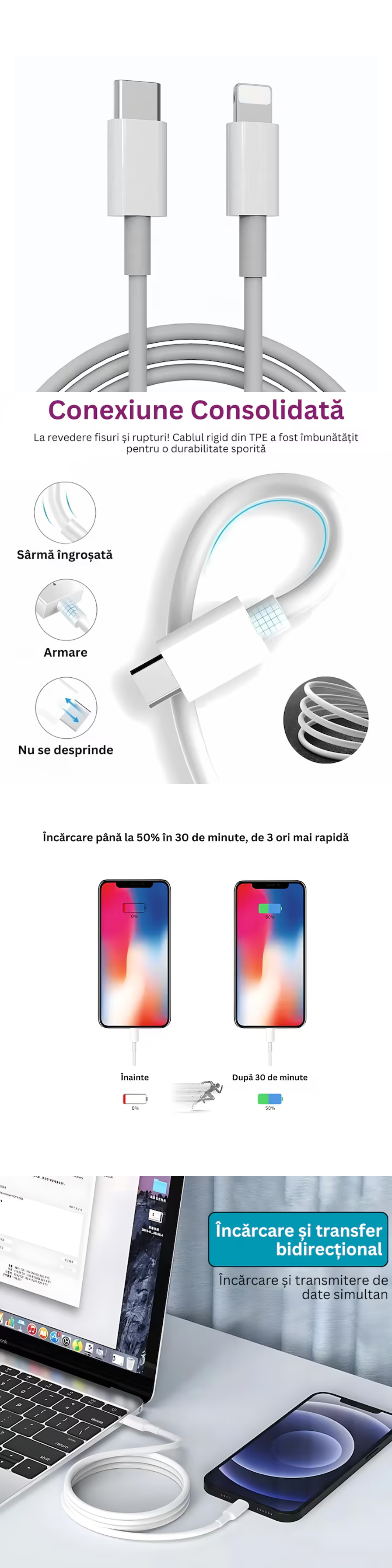 Cablu incarcare si date DigikalaX, Super Fast Charge, compatibil cu Apple, USB-C to Lightning, 1m, Alb