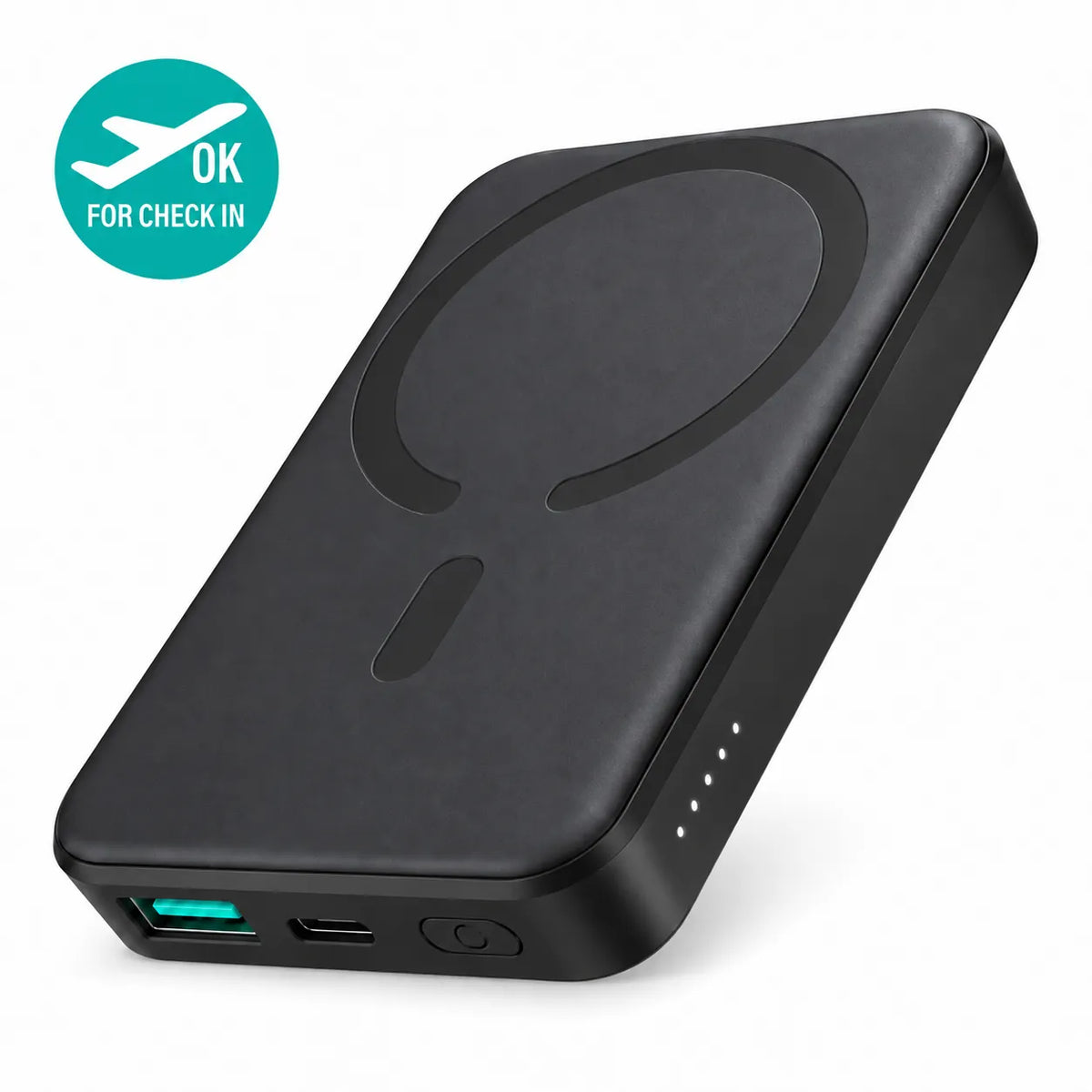 Baterie externă magnetică neagră, 5000 mAh, vedere din unghi pe fundal alb.