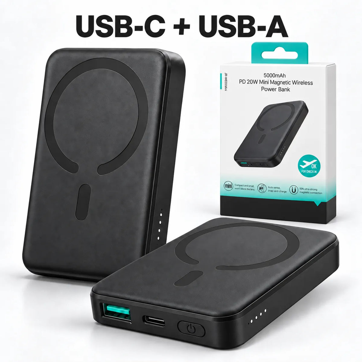 Porturile USB-C și USB-A ale bateriei externe și cutia produsului.