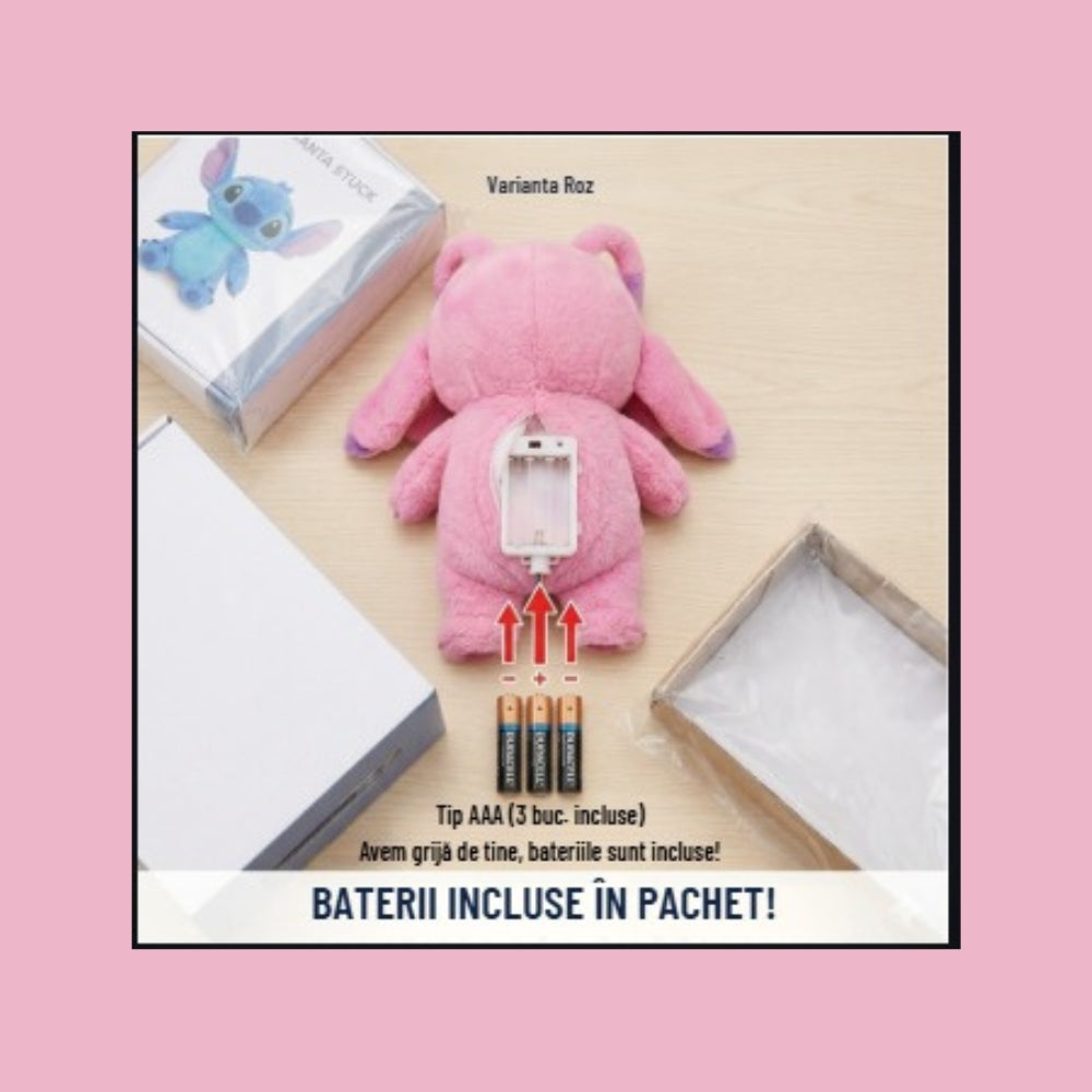 Jucarie de Plus Stitch cu Functie de Respiratie , 30 cm – Companionul Perfect pentru Somn, Melodii Linistitoare si Lumina in Burtica, Roz