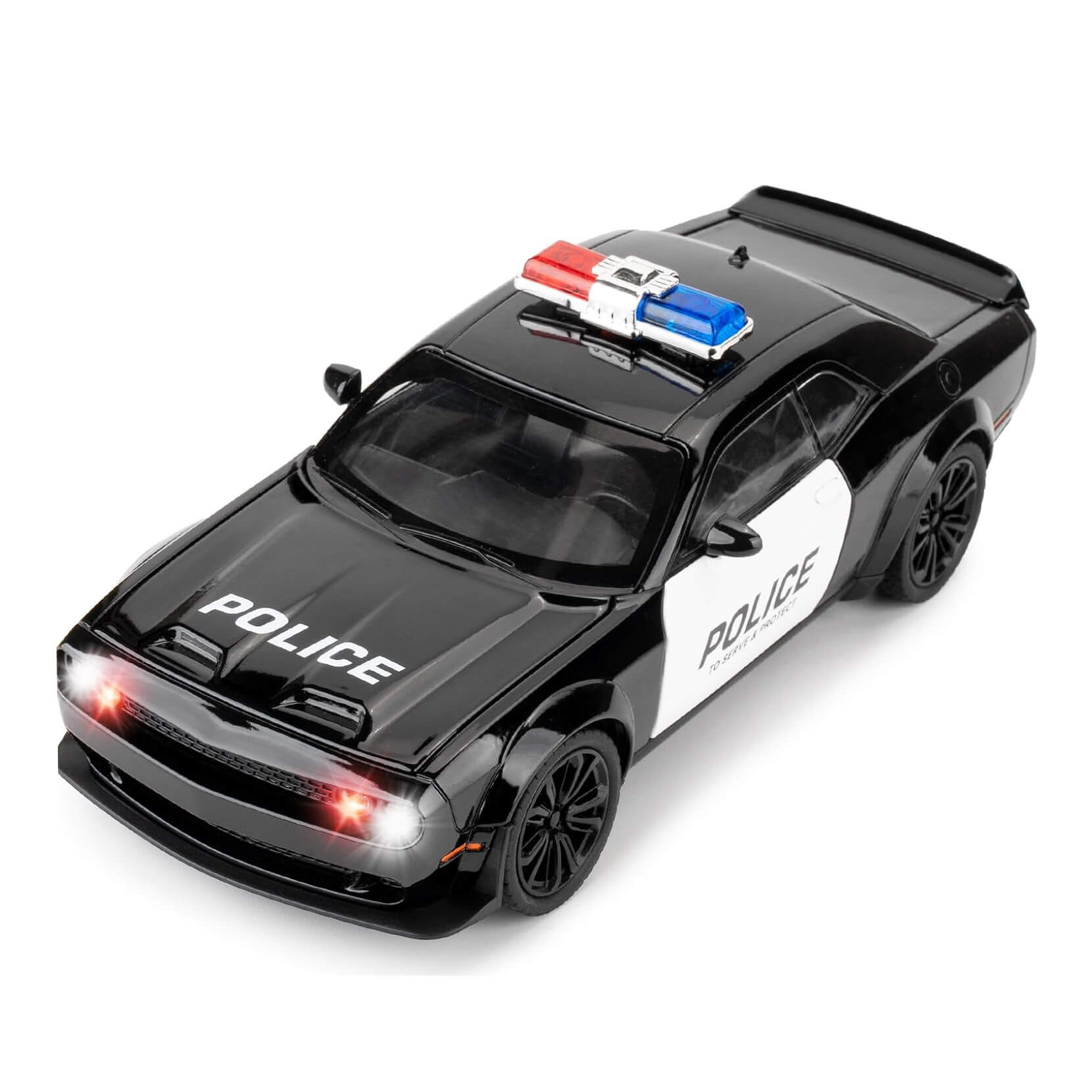Masina metalica Politie, Dodge Challanger, Sunete si lumini, Usile, capota si portbagajul se deschid