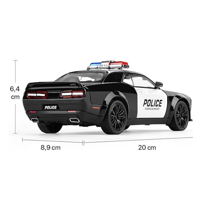 Masina metalica Politie, Dodge Challanger, Sunete si lumini, Usile, capota si portbagajul se deschid