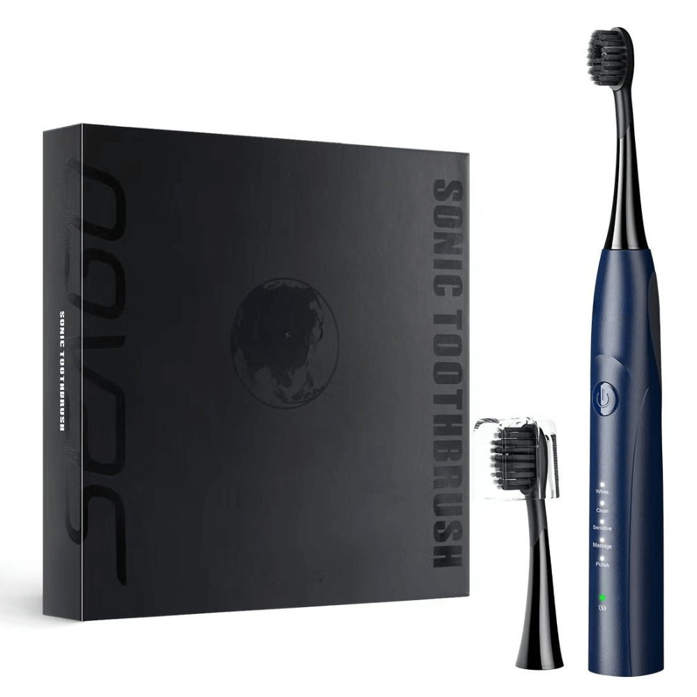 Periuta de dinti electrica sonica DrKala, Cu Carbune activ, 5 Moduri, 2 Capete, pana la 42.000 vibrații/min, IPX7, Negru/Albastru