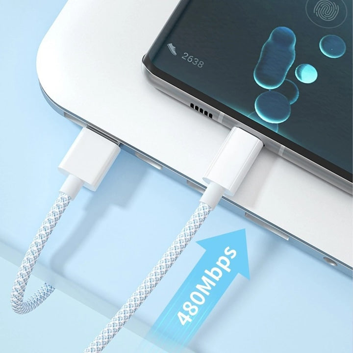 Cablu date si incarcare rapida Type-C compatibil cu Apple iPhone 15 & 16, Plus, Pro & ProMax, Airpods si Android, alb, 1M